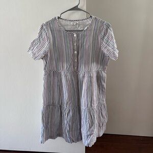 Madewell striped crewneck button-front tiered mini dress